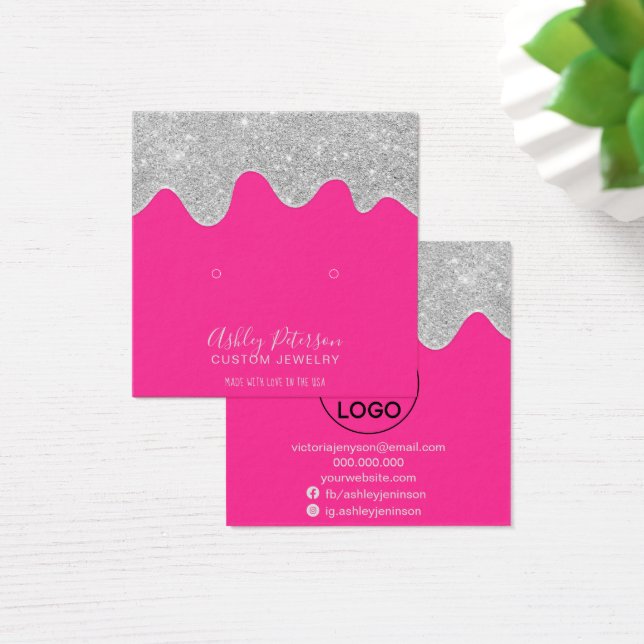 Silver glitter drips pink studs earrings display (Desk)