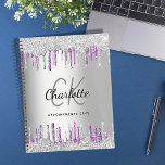 Silver glitter drips purple business logo 2024 planner<br><div class="desc">A faux silver metallic looking background. Decorated with purple and faux silver glitter drips,  paint dripping look.  Personalise and add your name,  monogram initials and a title.   
Back: add your business,  company logo and website address.</div>