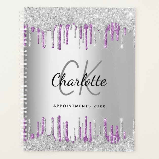 Silver glitter drips purple metal monogram 2025 planner (Front)