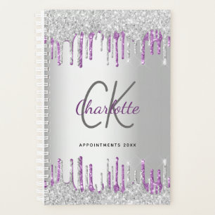Silver glitter drips purple metal monogram 2027 planner