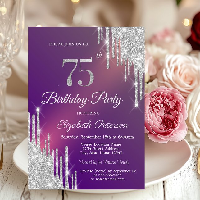  Silver Glitter Drips Purple Photo 75th Birthday   Invitation (Creator Uploaded)