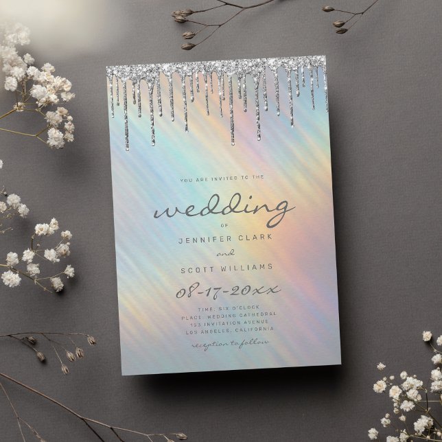 Silver Glitter Drips Rainbow Holographic Wedding Invitation (Silver Glitter Drips Rainbow Holographic Wedding Invitation )