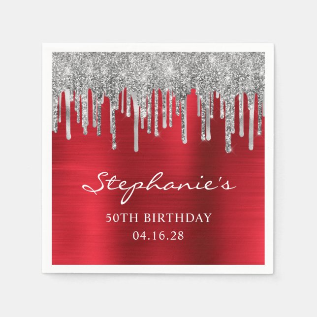 Silver Glitter Drips Red Foil 50th Birthday Napkin (Front)