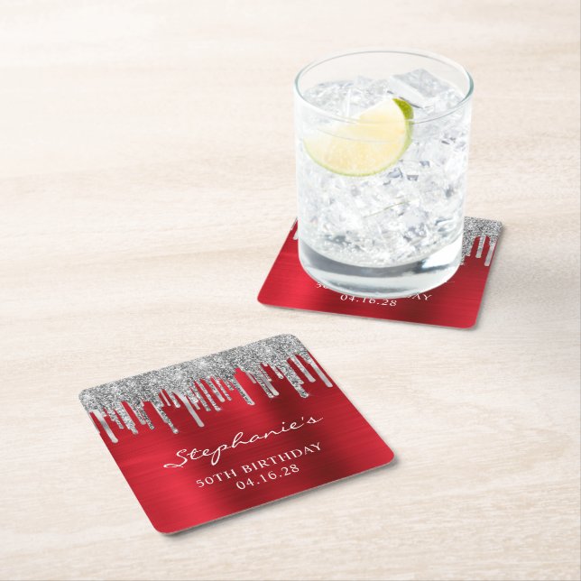 Silver Glitter Drips Red Foil 50th Birthday Square Paper Coaster (Insitu)