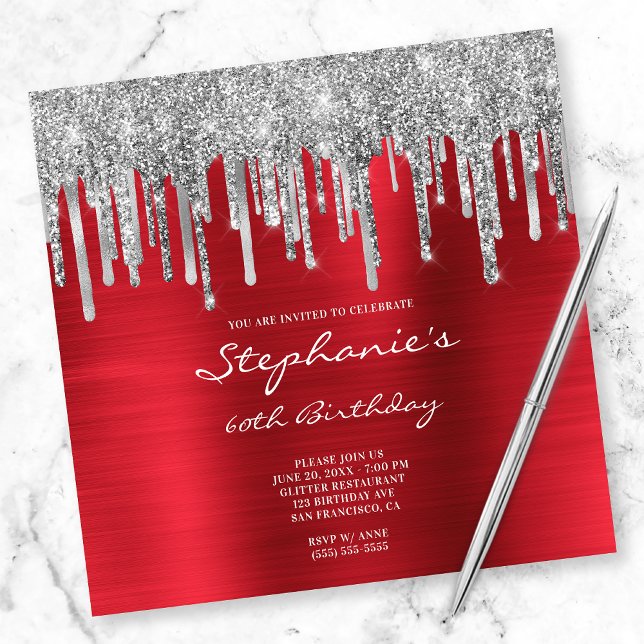 Silver Glitter Drips Red Foil 60th Birthday Invitation (Creator Uploaded)