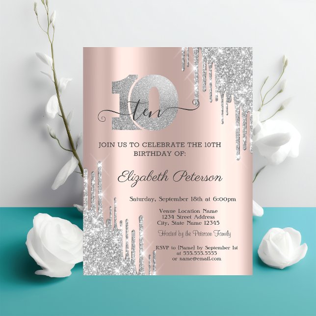  Silver Glitter Drips Rose Gold 10th Birthday   Invitation (Creator Uploaded)