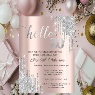 Silver Glitter Drips Rose Gold 20th Birthday   Invitation