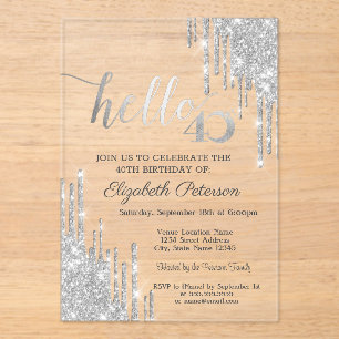 Silver Glitter Drips Rose Gold 40th Birthday Acrylic Invitations