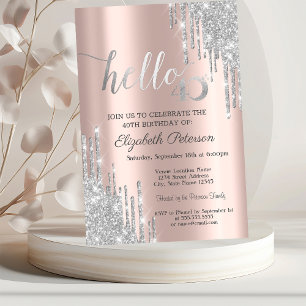 Silver Glitter Drips Rose Gold 40th Birthday  Invitation