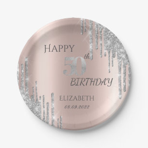 Silver Glitter Drips Rose Gold 50th Birthday Paper Plate