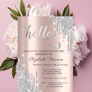 Silver Glitter Drips Rose Gold 75th Birthday   Invitation