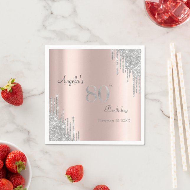 Silver Glitter Drips Rose Gold 80th Birthday Napkin (Insitu)