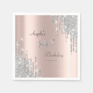 Silver Glitter Drips Rose Gold 80th Napkin