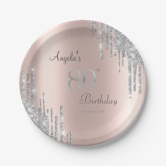 Silver Glitter Drips Rose Gold 80th Paper Plate (Front)