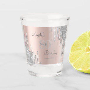 Silver Glitter Drips Rose Gold 80th Shot Glass
