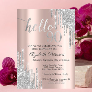 Silver Glitter Drips Rose Gold 90th Birthday   Invitation