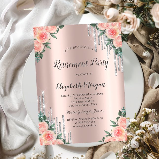  Silver Glitter Drips Rose Gold Floral Retirement Invitation (Creator Uploaded)