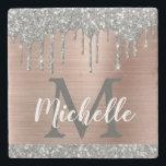 Silver Glitter Drips Rose Gold Metal Name Monogram Stone Coaster<br><div class="desc">Modern, girly silver glitter drips personalised name and monogrammed stone coaster. This design features silver grey (grey) glitter sparkle drips on faux blush pink rose gold brushed metal background with custom monogram initial and first name text template. Great feminine girly gift for girlfriend, mother, birthday, wedding, bridal shower, sweet 16...</div>