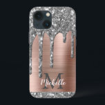 Silver Glitter Drips Rose Gold Metallic Monogram C iPhone 13 Mini Case<br><div class="desc">Modern, girly silver grey glitter drips name and monogrammed iphone case. This design features silver grey (grey) glitter sparkle drips on pink rose gold brushed metal background with custom personalised monogram initial and first name text template. Perfect feminine gift. Please note, this design is printed photo effect. If you need...</div>