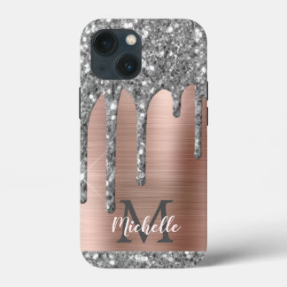 Silver Glitter Drips Rose Gold Metallic Monogram C iPhone 13 Mini Case