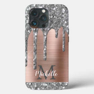 Silver Glitter Drips Rose Gold Metallic Monogram C iPhone 13 Pro Case
