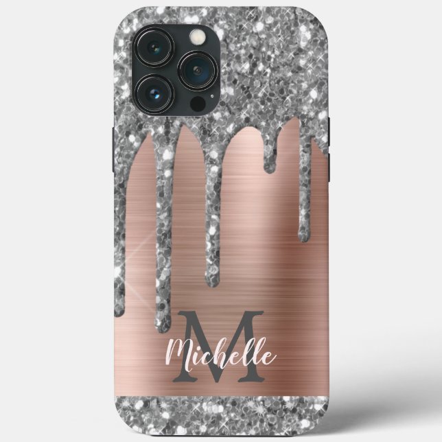 Silver Glitter Drips Rose Gold Metallic Monogram Case-Mate iPhone Case (Back)