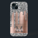 Silver Glitter Drips Rose Gold Metallic Monogram iPhone 13 Case<br><div class="desc">Modern, girly silver grey glitter drips name and monogrammed iphone case. This design features silver grey (grey) glitter sparkle drips on pink rose gold brushed metal background with custom personalised monogram initial and first name text template. Perfect feminine gift. Please note, this design is printed photo effect. If you need...</div>