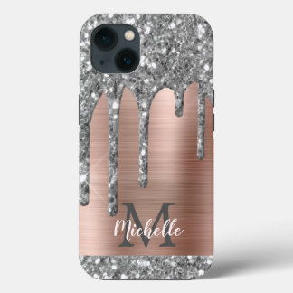Silver Glitter Drips Rose Gold Metallic Monogram iPhone 13 Case