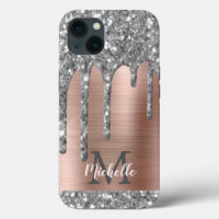 Silver Glitter Drips Rose Gold Metallic Monogram