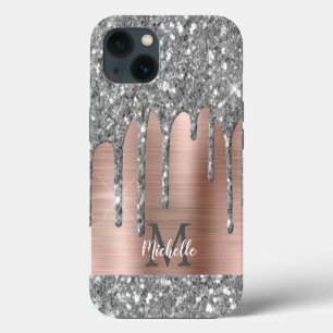 Silver Glitter Drips Rose Gold Metallic Monogram iPhone 13 Case