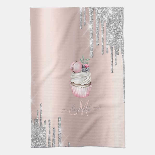 Silver Glitter Drips Rose Gold Monogram Cupcake  Tea Towel (Vertical)