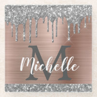 Silver Glitter Drips Rose Gold Name Monogram
