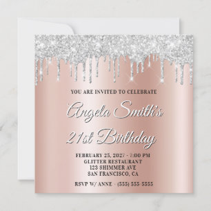 Silver Glitter Drips Rose Gold Ombre Drop Shadow Invitation