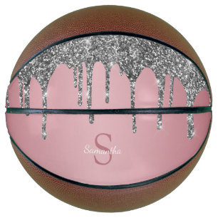 Silver Glitter Drips Rose Gold Pink Monogram Name Basketball