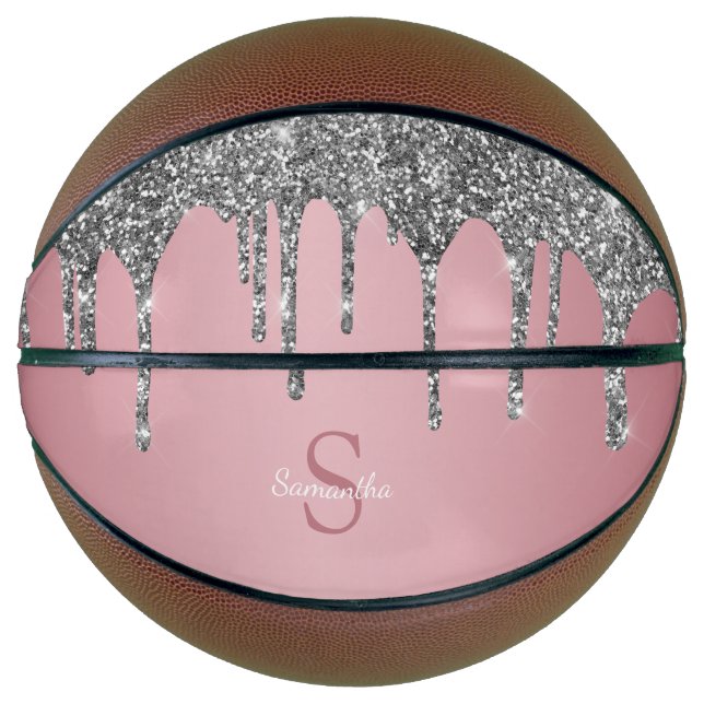 Silver Glitter Drips Rose Gold Pink Monogram Name Basketball (Front)