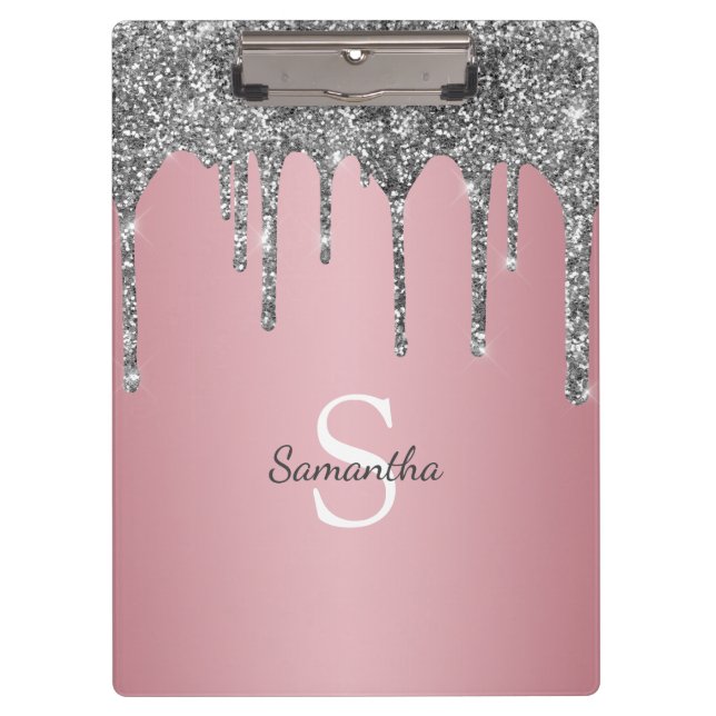 Silver Glitter Drips Rose Gold Pink Monogram Name Clipboard (Front)