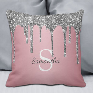 Silver Glitter Drips Rose Gold Pink Monogram Name Cushion
