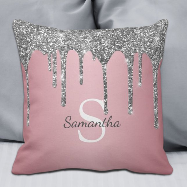 Silver Glitter Drips Rose Gold Pink Monogram Name Cushion (Creator Uploaded)