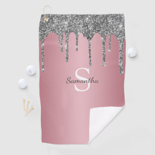 Silver Glitter Drips Rose Gold Pink Monogram Name Golf Towel