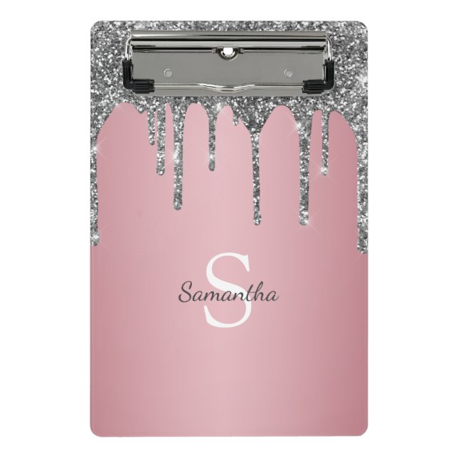 Silver Glitter Drips Rose Gold Pink Monogram Name Mini Clipboard (Front)