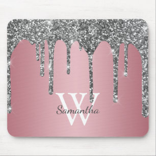 Silver Glitter Drips Rose Gold Pink Monogram Name Mouse Pad