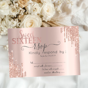 Silver Glitter Drips Rose Gold Sweet 16 RSVP Invitation