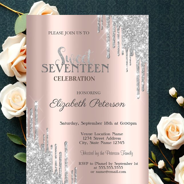 Silver Glitter Drips Rose Gold  Sweet 17 Birthday Invitation (Creator Uploaded)