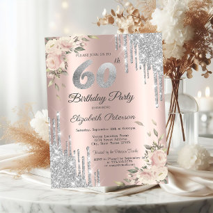 Silver Glitter Drips,Roses 60th Birthday  Invitation