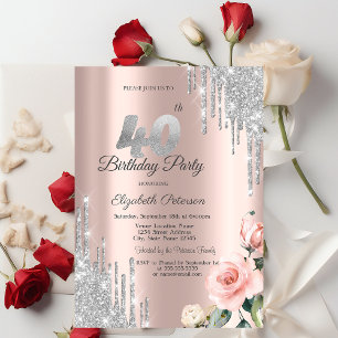 Silver Glitter Drips Roses Rose Gold 40th Invitation