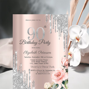 Silver Glitter Drips Roses Rose Gold 90th Invitation