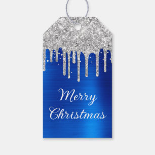 Silver Glitter Drips Royal Blue Merry Christmas Gift Tags