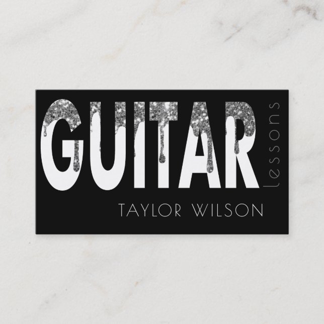 silver glitter drips script guitar teacher business card (Front)