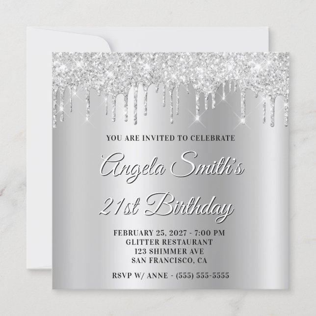 Silver Glitter Drips Shimmer Ombre Drop Shadow Invitation (Front)