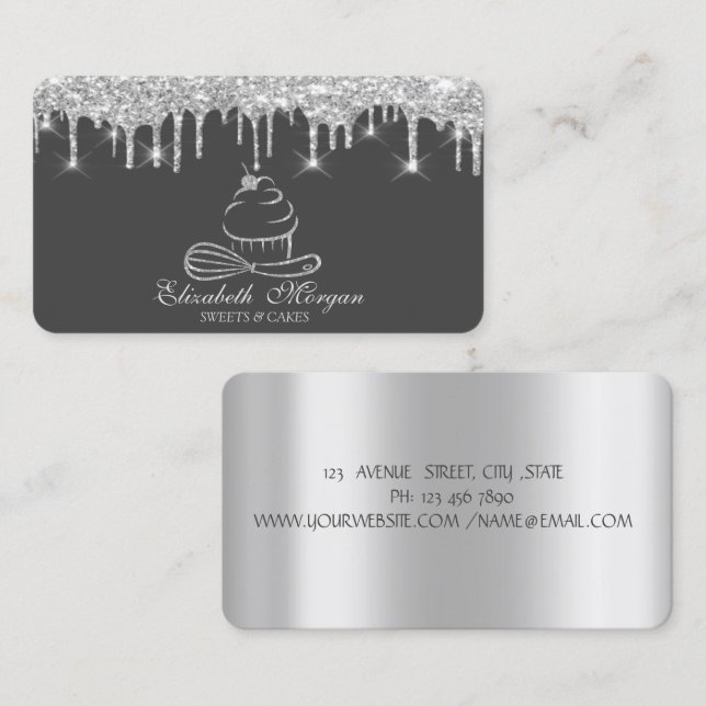 Silver Glitter Drips Silver Cupcake Bakery  Business Card (Front/Back)